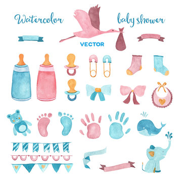 Watercolor vector baby shower set