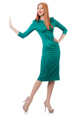 Beautiful woman in blue dress isolated on white