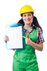 Female workman in green overalls isolated on white