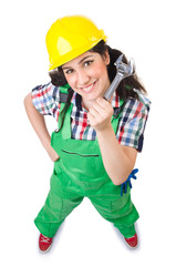 Female workman in green overalls holding key isolated on white