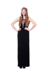 Young redhead gril in black long dress isolated on white