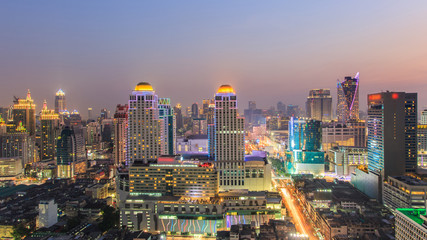 Naklejka na ściany i meble Bangkok Cityscape, Business district with high building at dusk (Bangkok, Thailand)