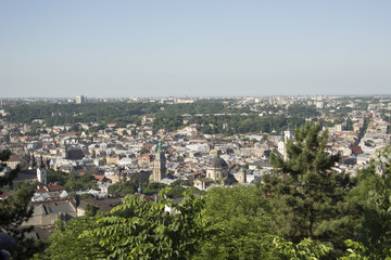 Fototapeta na wymiar view of the Lviv through the trees