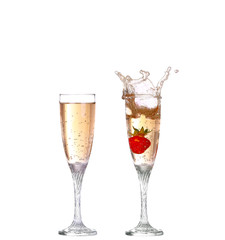 collage Single Strawberry splashing into a glass of champagne