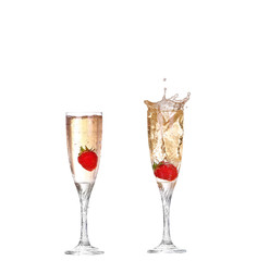 collage Single Strawberry splashing into a glass of champagne