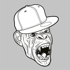 Angry ape with baseball cap - editable vector graphic