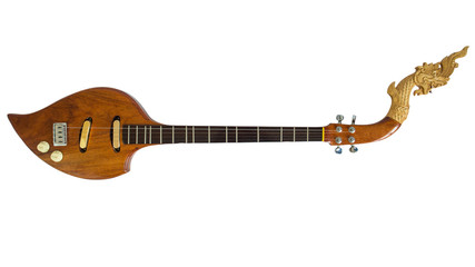 Thai musical instruments, Electric wooden pin with the great Naga head Isolated on white...