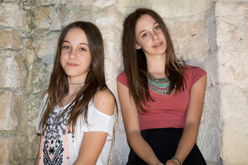 Attractive twins sisters. Close up of two beautiful smiling young women standing together