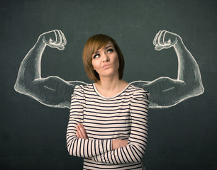 woman with sketched strong and muscled arms