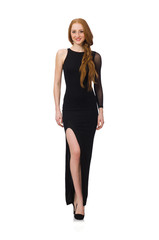 Young lady in elegant black dress isolated on white
