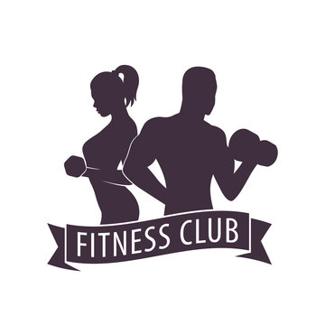 Fitness Club Logo with posing athletic girl and man, with ribbon
