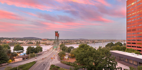 Portland Oregon Waterfront Hawthorne Bridge at Sunset