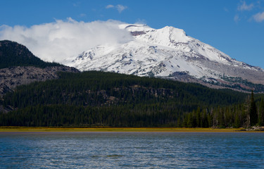 Snow-covered mountain and blue lake