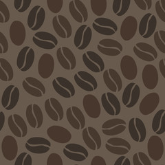 Seamless vector pattern with black coffee beans on a dark brown background
