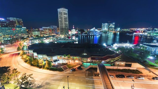 Aerial view timelapse of Baltimore Inner Harbor at night