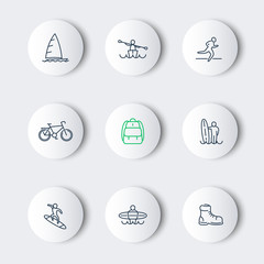 Travel, adventure, surfing, line round modern icons