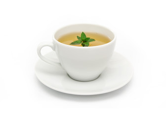 Cup of green tea with mint, close-up, selective focus