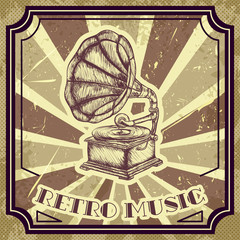 Fototapeta premium Poster with vintage gramophone. Retro hand drawn vector illustration label 