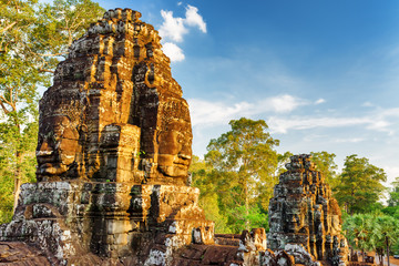 Ancient face-towers of Bayon temple in Angkor Thom, Cambodia