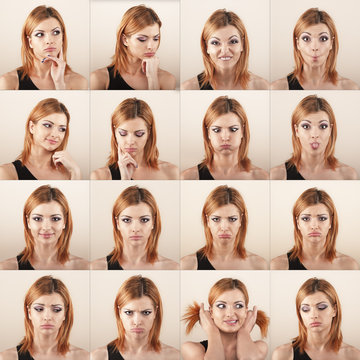 Woman multiple expression image.