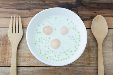 Cantaloupe tapioca and wood spoon, Thai dessert