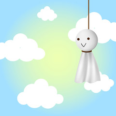 Teru teru bozu, japanese traditional handmade doll to stop a rainy day with clear blue sky background.