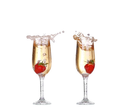 collage Single Strawberry splashing into a glass of champagne