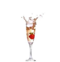Single Strawberry splashing into a glass of champagne