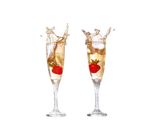 collage Single Strawberry splashing into a glass of champagne