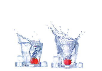 Strawberries, ice cubes into the glass