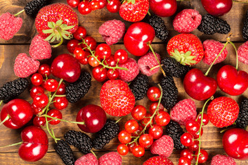 Collection of cherries, strawberries, mulberries, red currants,