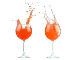 collage Juice pouring from orange into glass isolated on white background