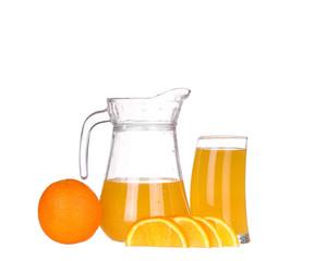 Orange juice and slices of orange isolated on white