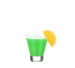 Green alcohol cocktail with orange slice isolated on white background