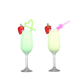 collage Fresh fruits and smoothies on white