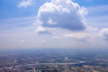 view from the window when airplane flying in the cloud