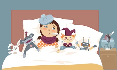 Cute little girl lying in bed with her toys, all have thermometers in their mouth, vector illustration, EPS 8