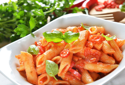 Penne pasta with chili sauce arrabiata