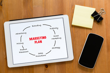 Working desk with mobile phone and digital tablet showing market