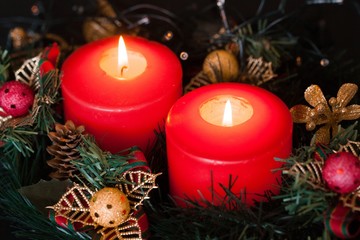 Christmas ball, advent candles, wreath.