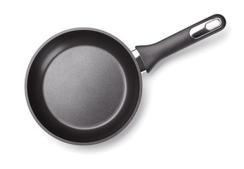 Top view of new empty frying pan isolated on white - obrazy, fototapety, plakaty