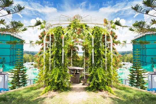 floral arch and landscape view in garden of 7 heaven krabi thail