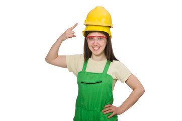 Woman wearing hard hat isolated on white