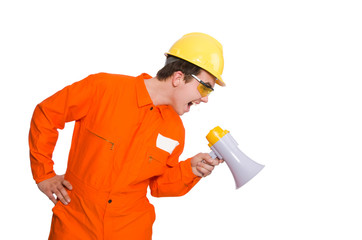 Builder with loudspeaker isolated on white