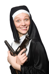 Nun with gun isolated on white