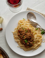 close up of nice fresh spaghetti with beef on served table