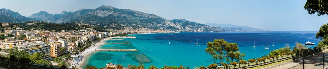 Beautiful wide panoramic view to beaches in Menton, France