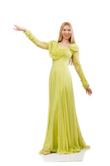 Fototapeta premium Pretty girl in elegant green dress isolated on white