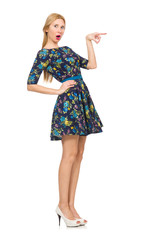 Woman in dark blue floral dress isolated on white