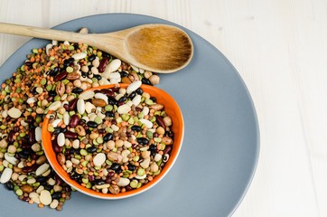 legumes in a dish on table, close up, background
